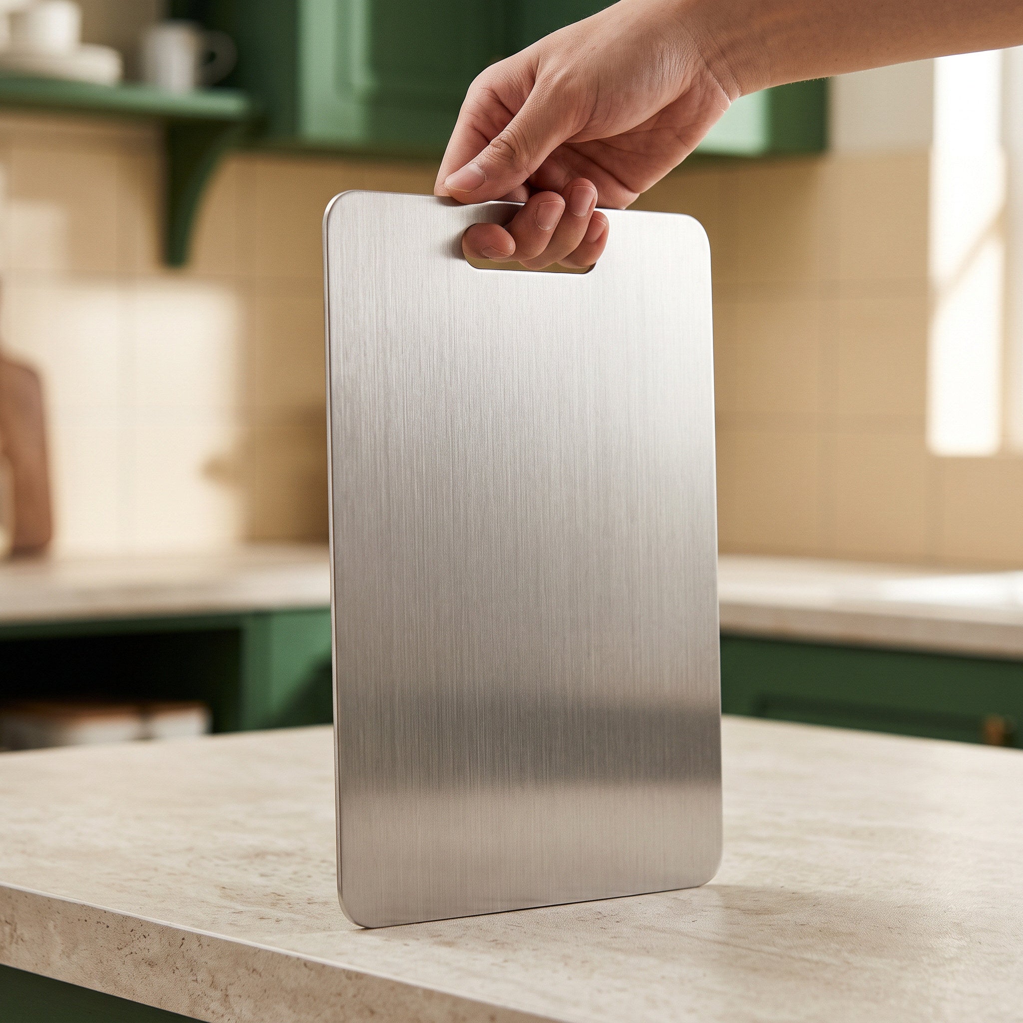 Detail of the flat steel surface and oval handle slot