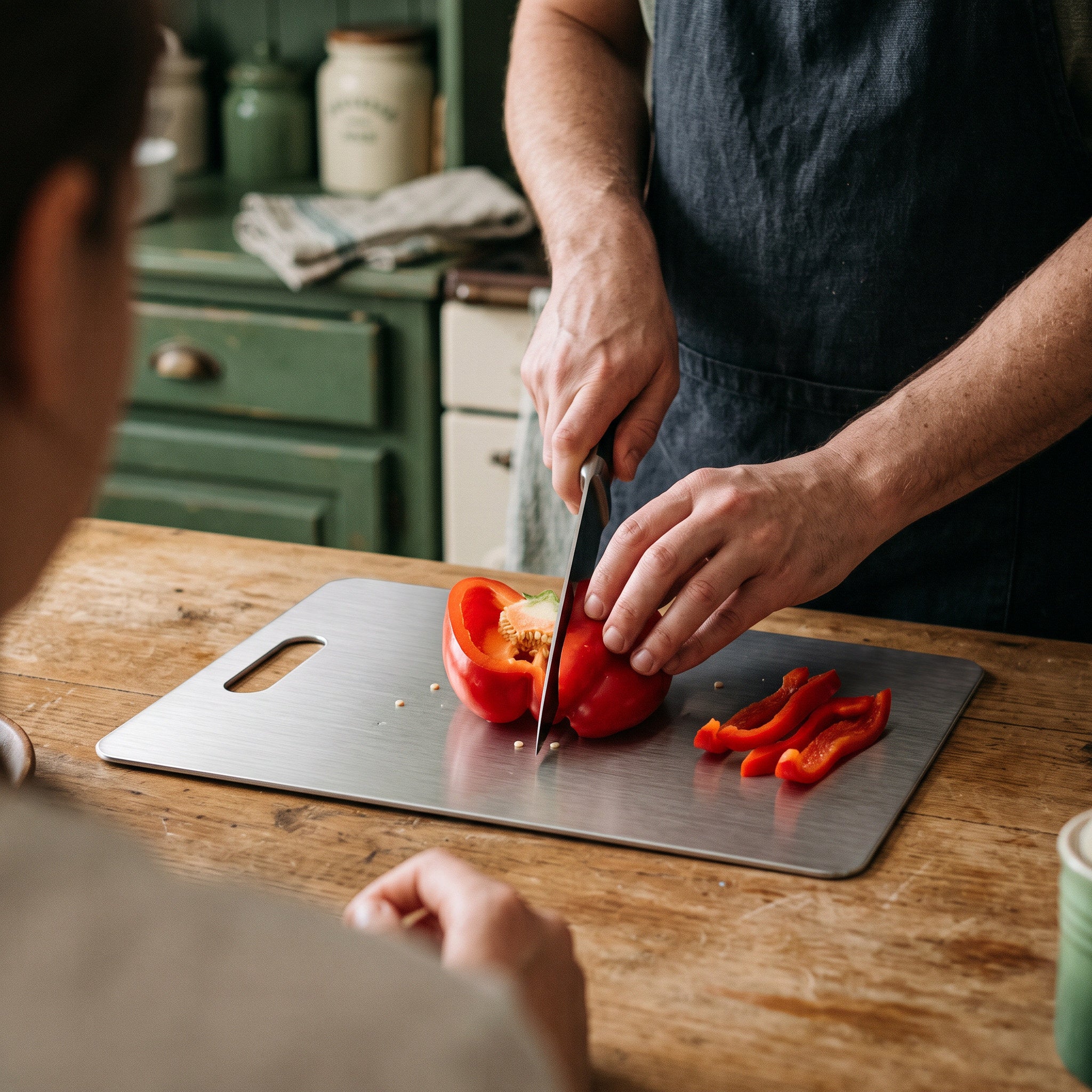 Vegetables being chopped on the steel board
