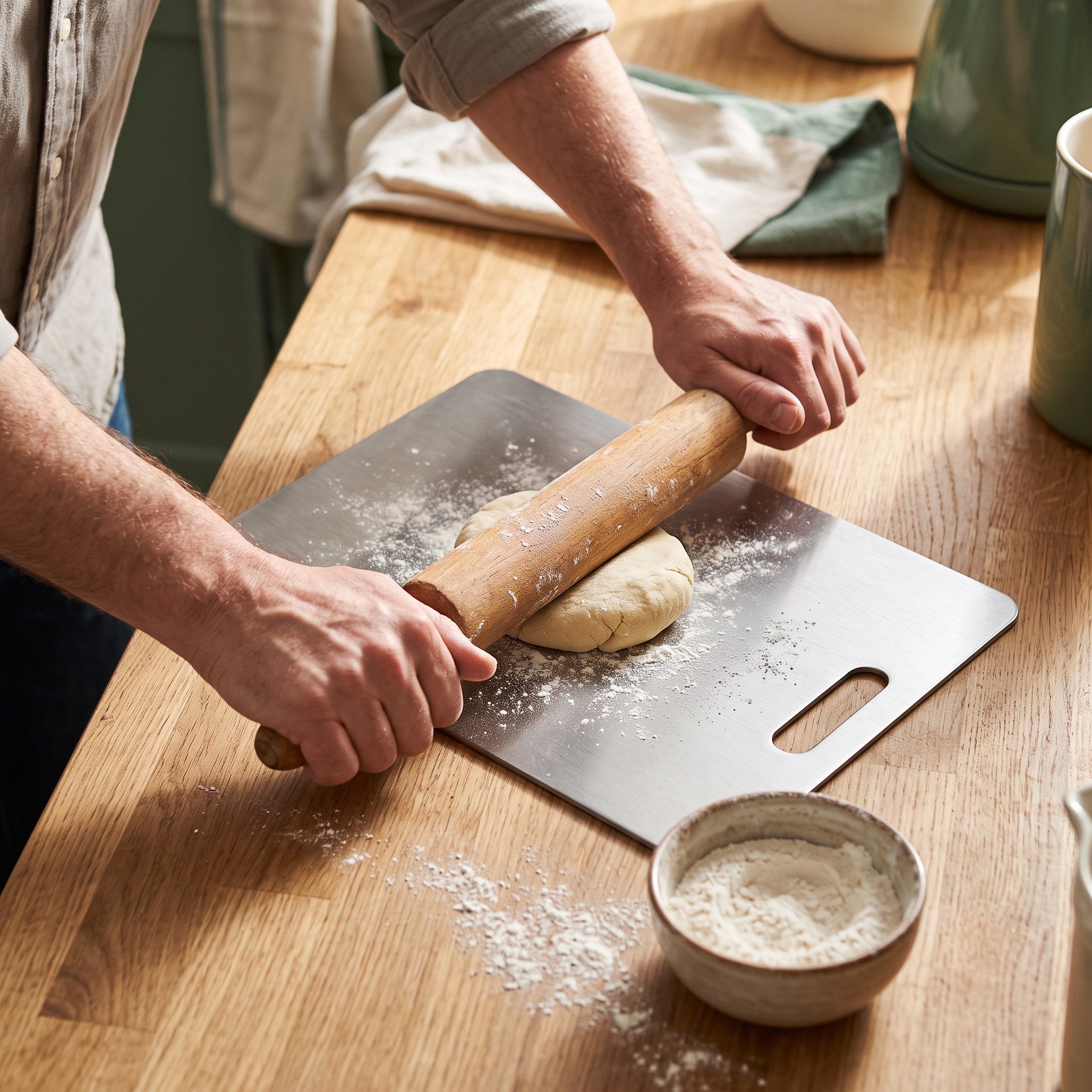 Dough rolled out on a smooth steel board