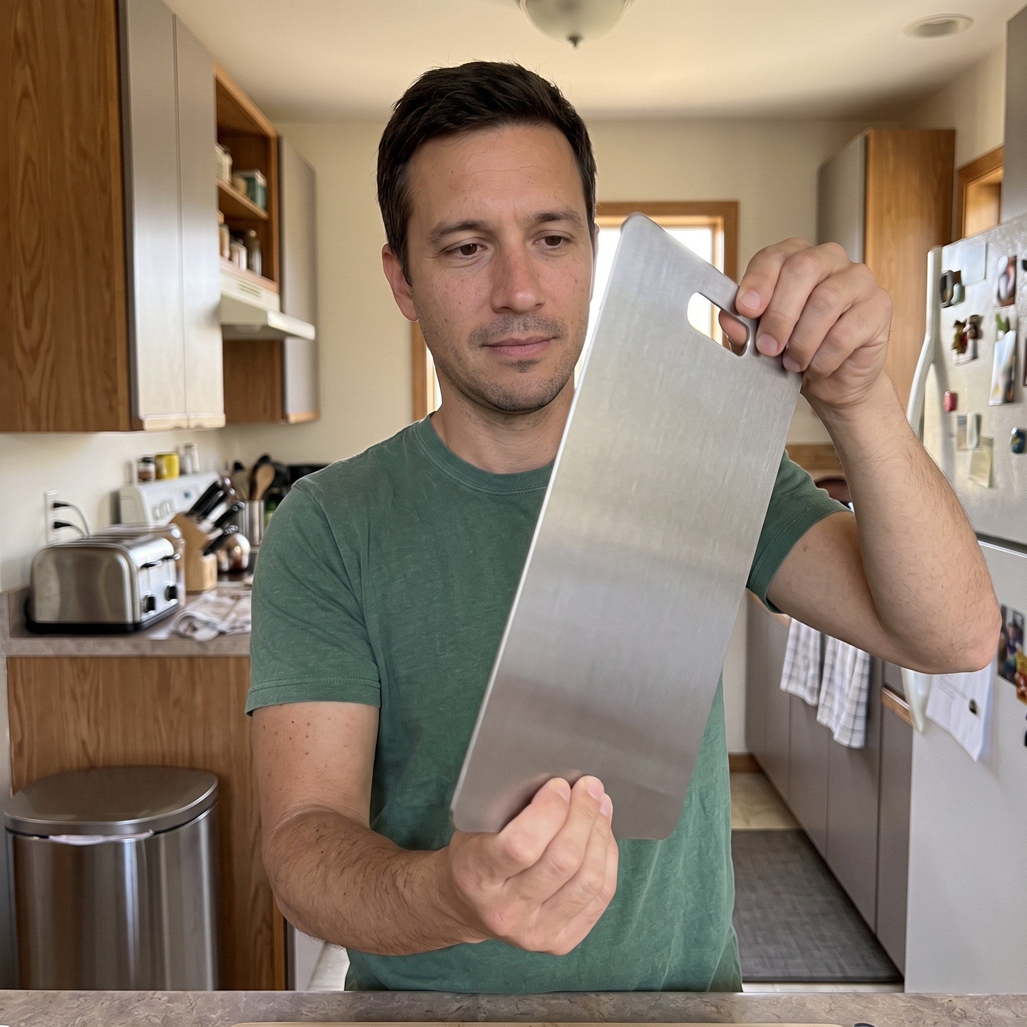 Daniel holding his board upright by the handle slot