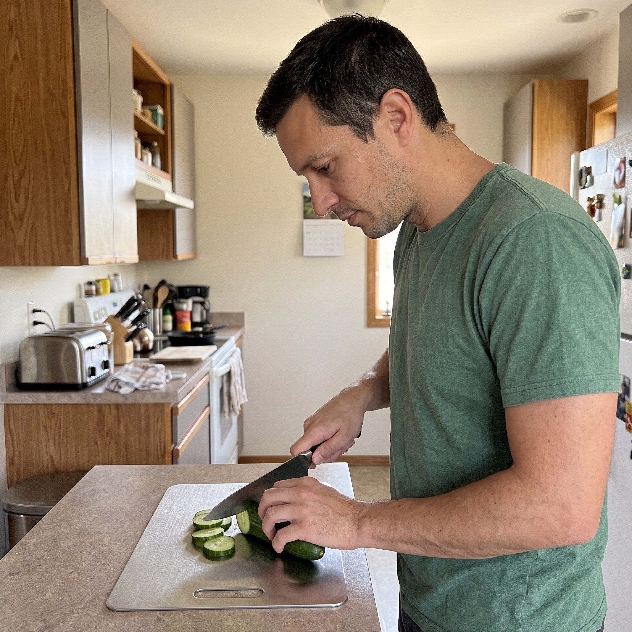 Daniel slicing cucumber on his board