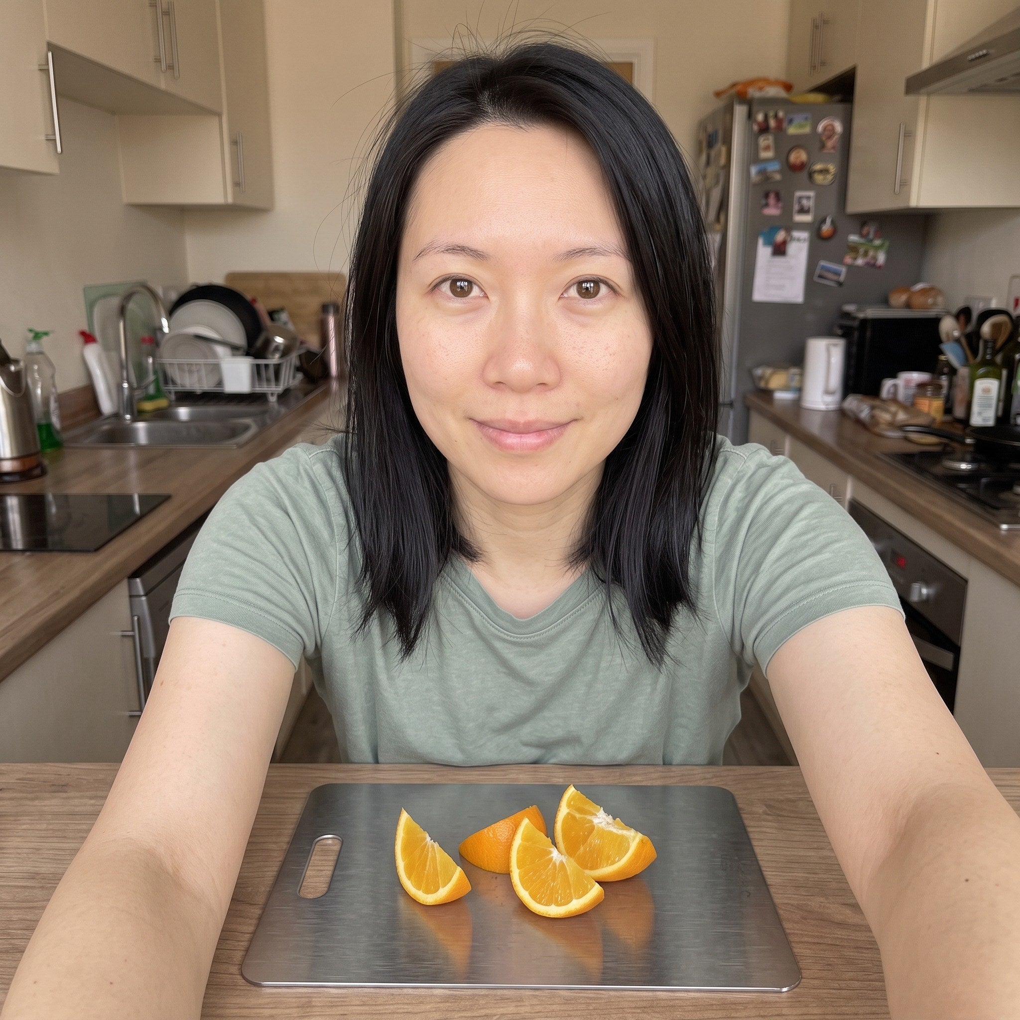 Mia taking a kitchen selfie beside orange wedges