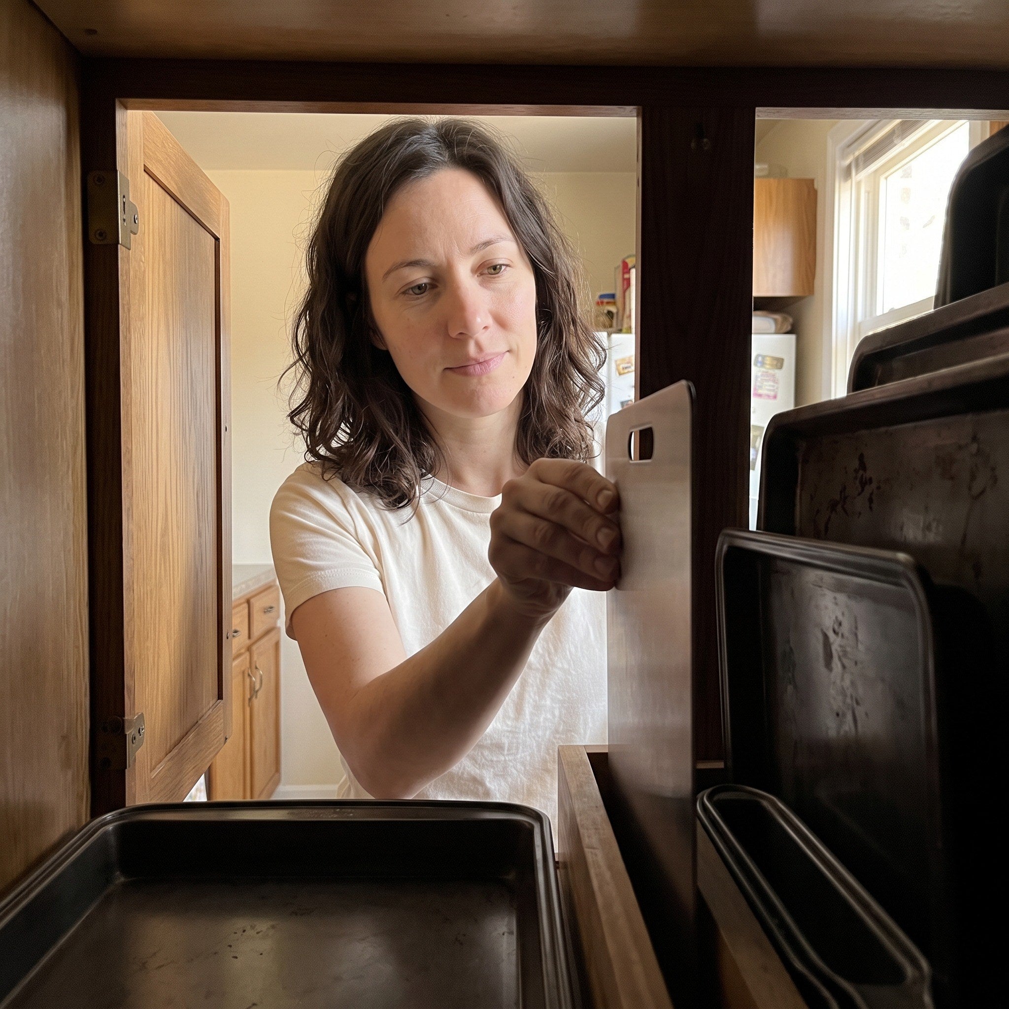 Emma storing her board upright beside the oven