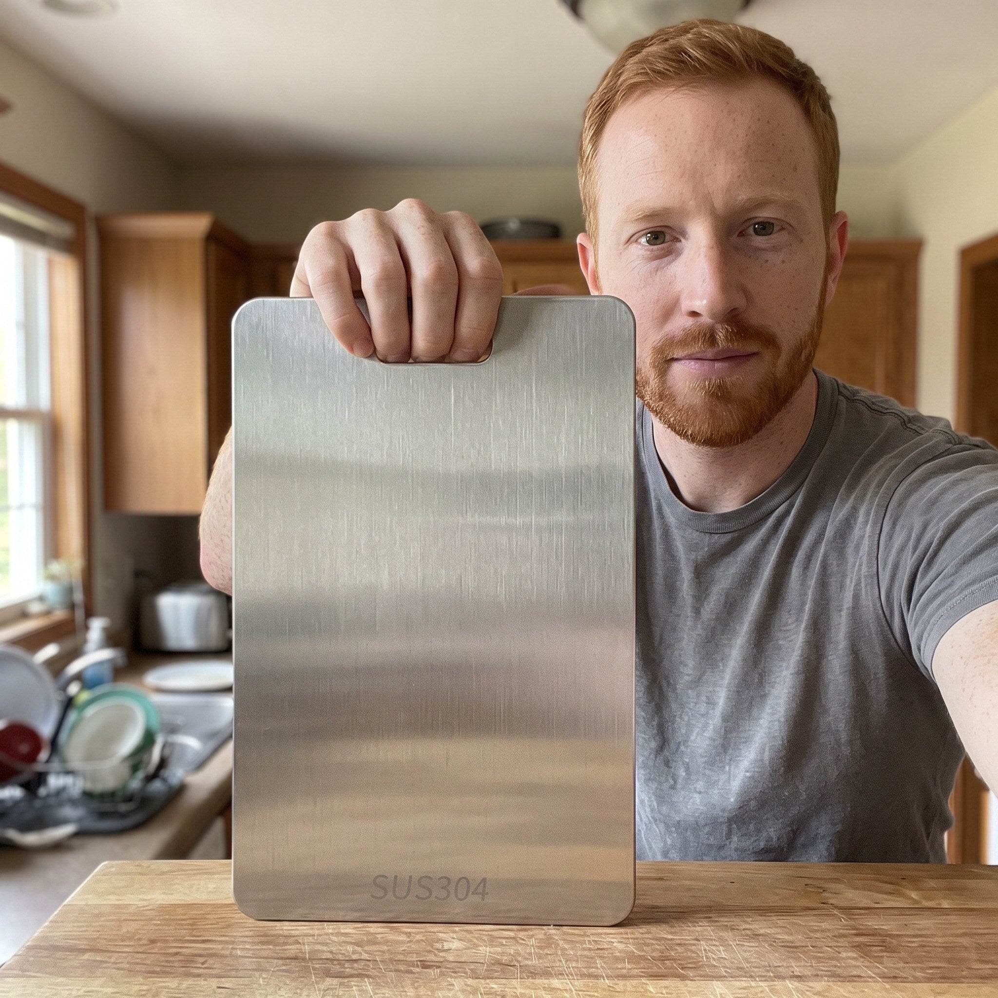 Ben holding his board upright beside the counter