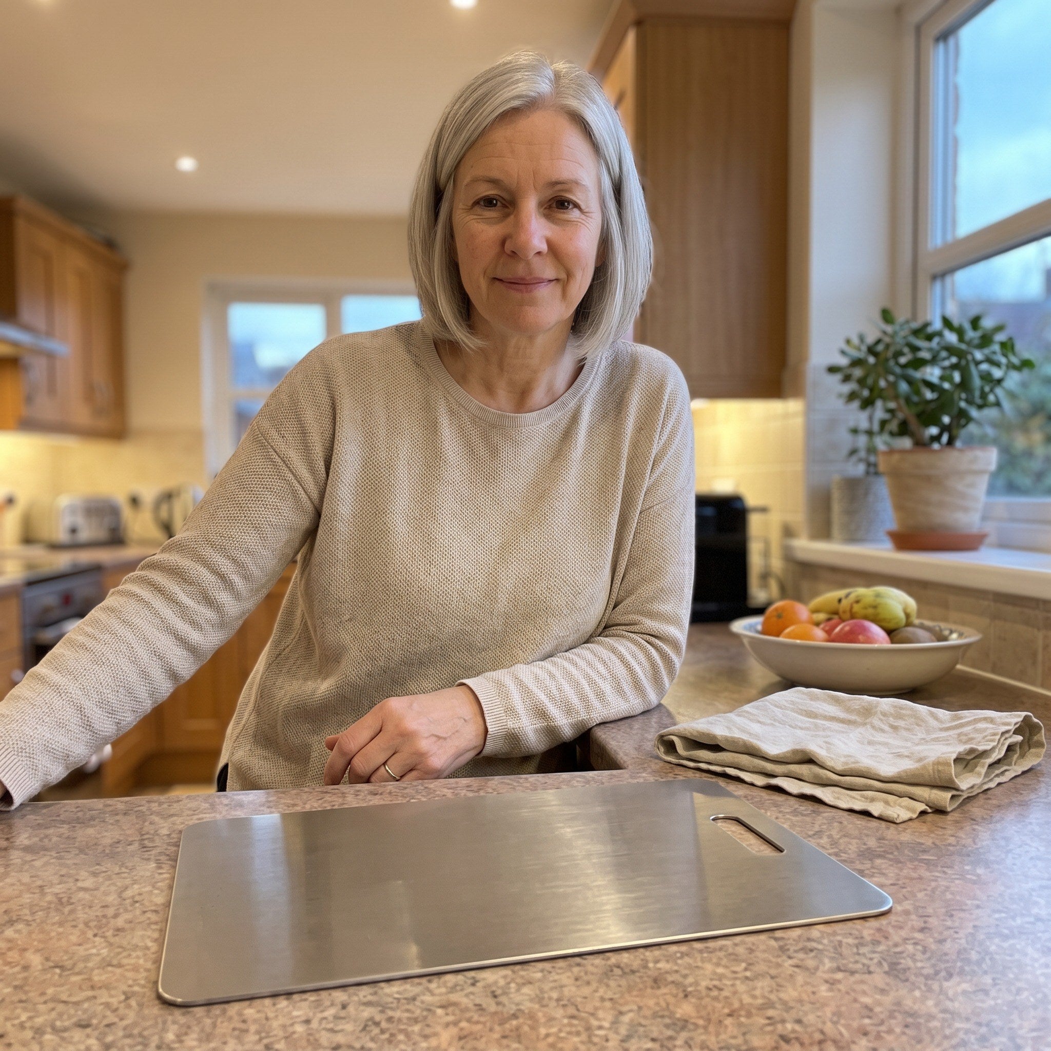 Grace beside her board in her home kitchen
