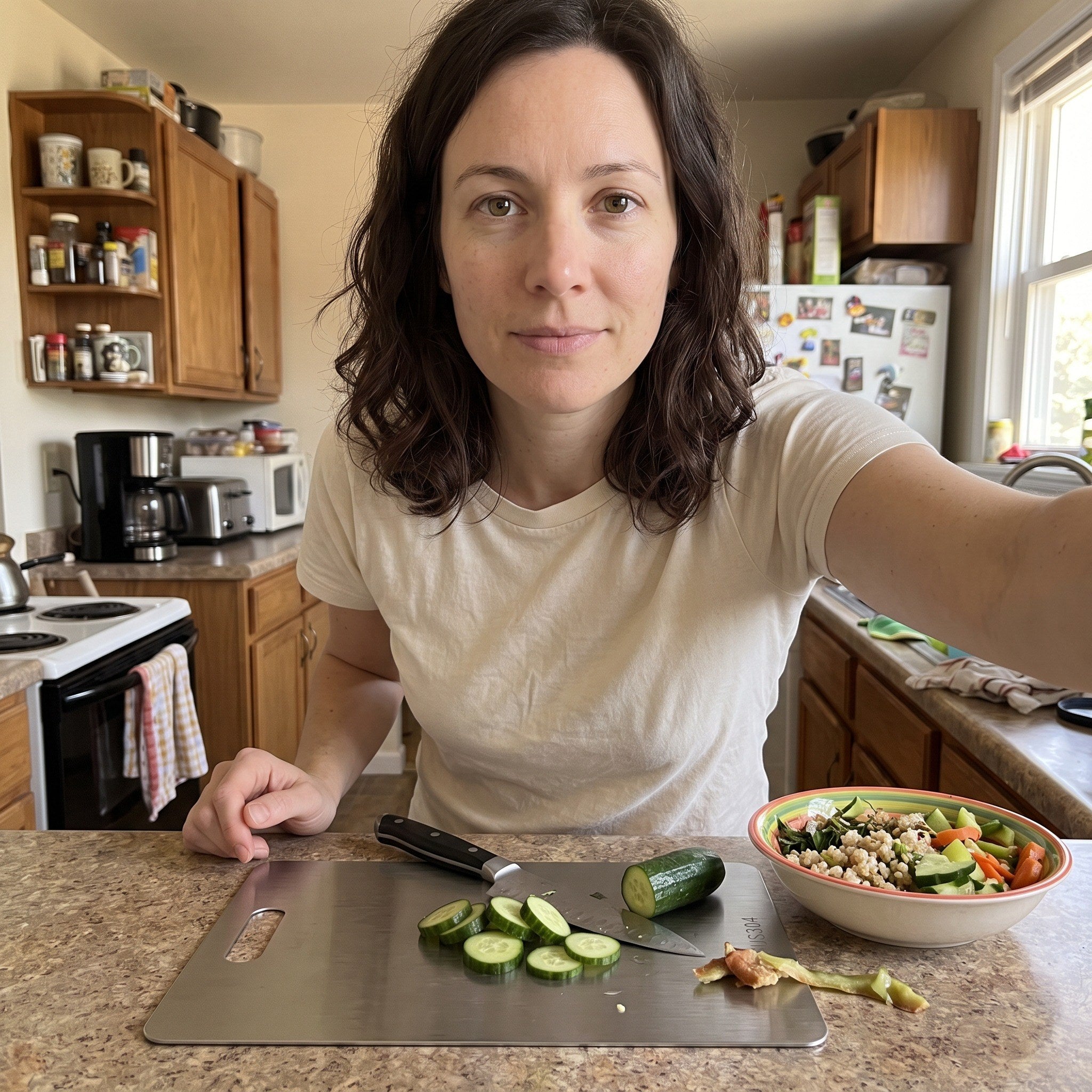 Emma taking a kitchen selfie beside her board