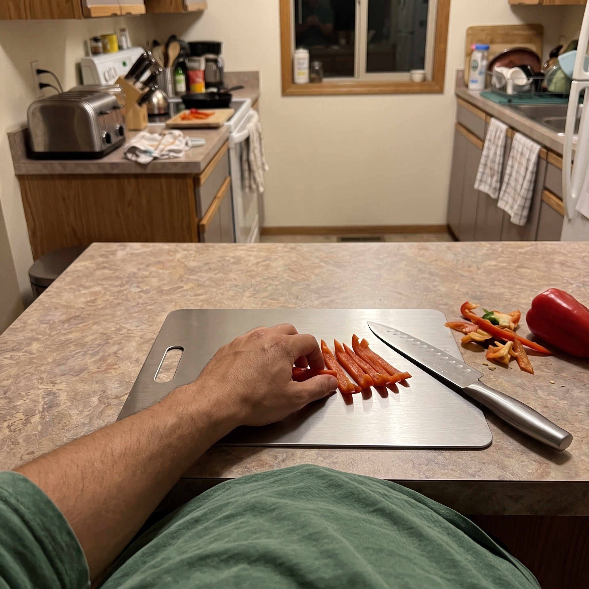 Daniel chopping peppers on his board from behind