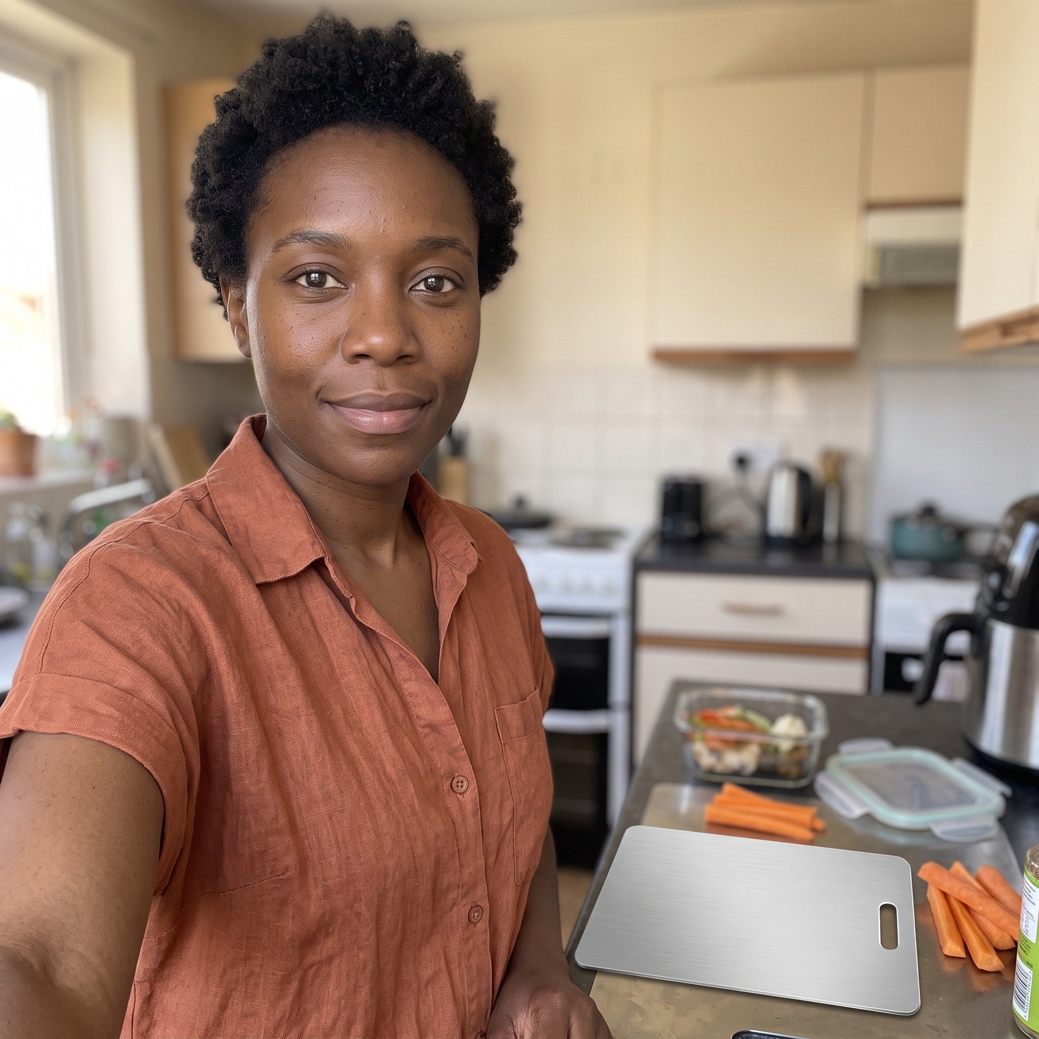 Olivia taking a selfie beside lunch prep