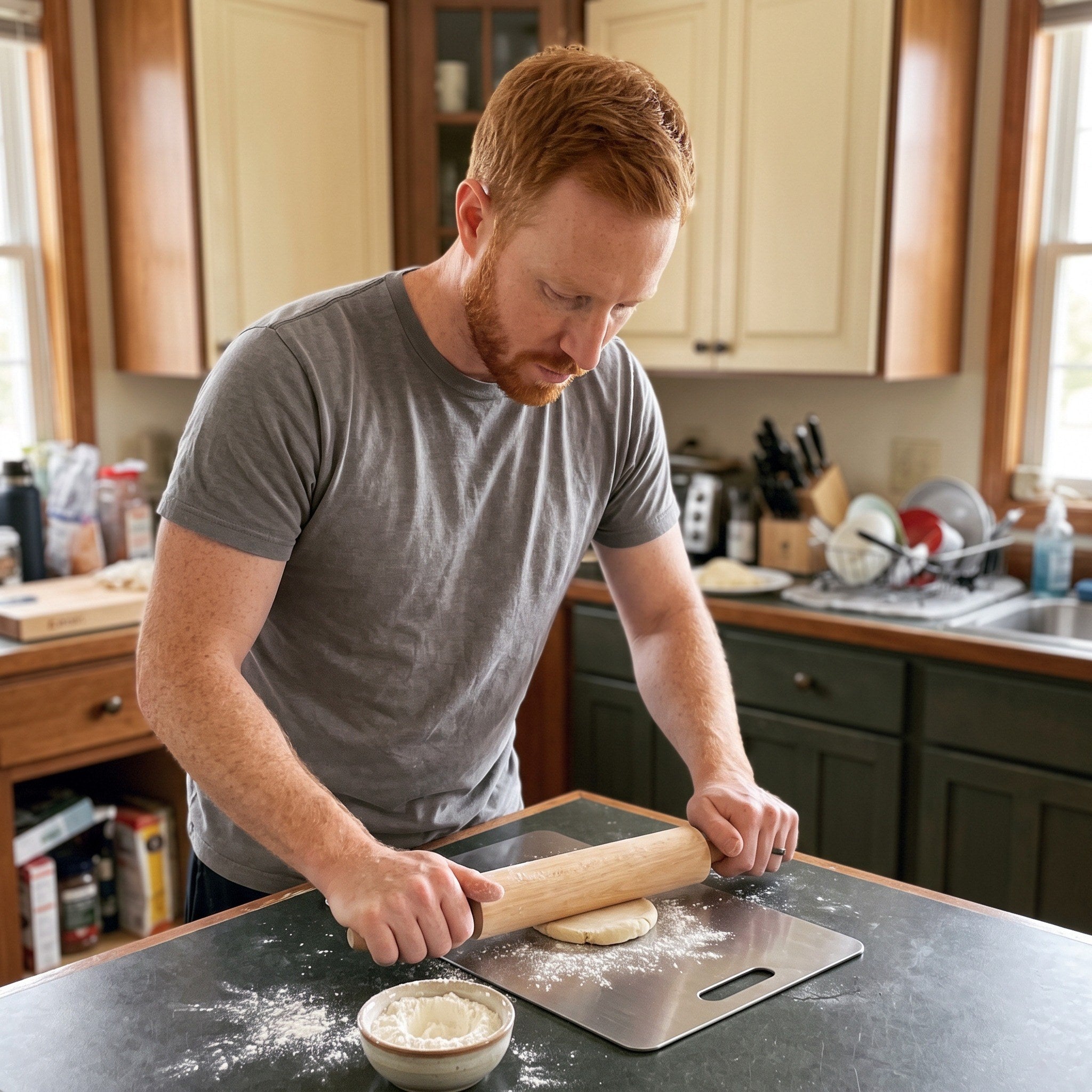 Ben rolling dough on his board from above