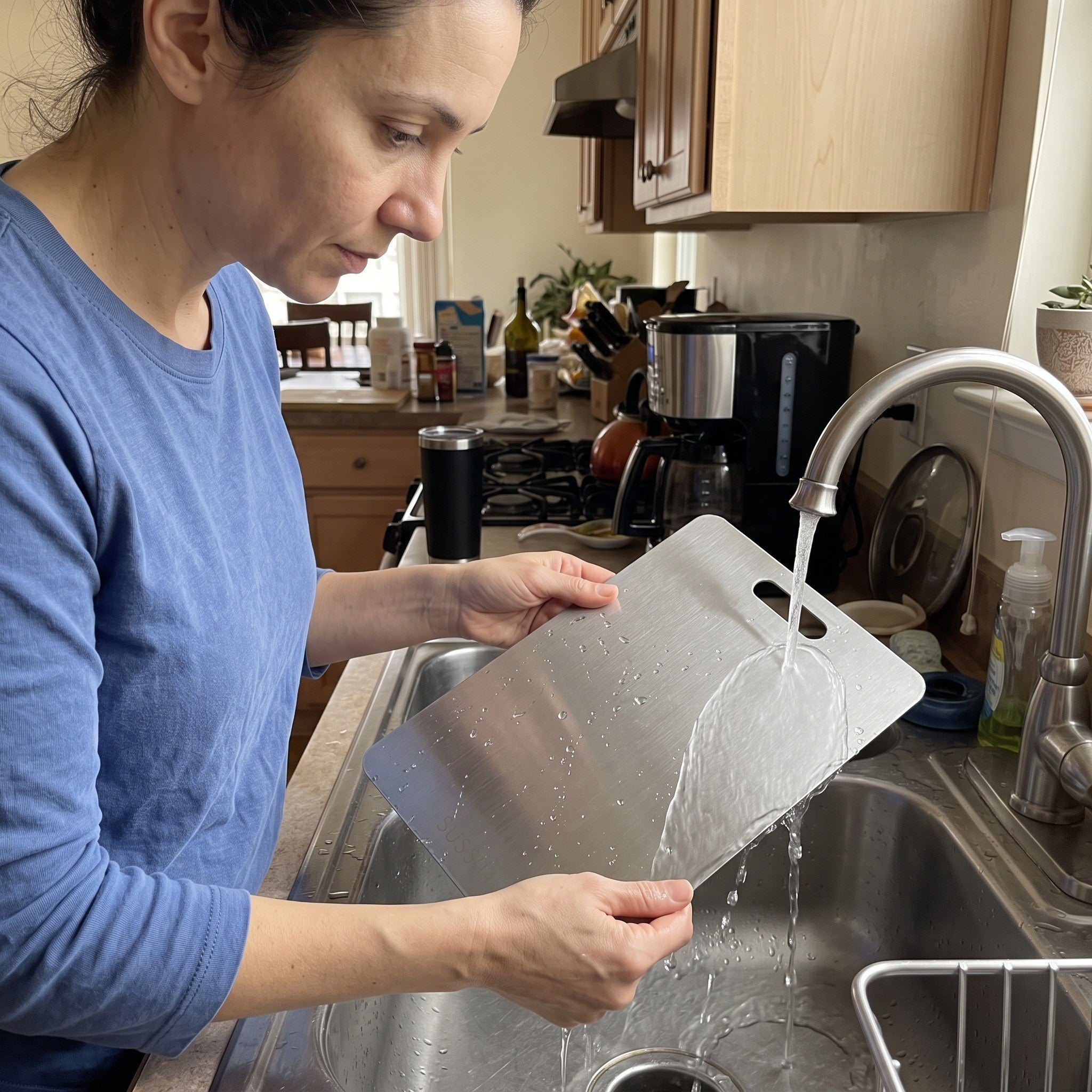 Sophie washing her board at the sink
